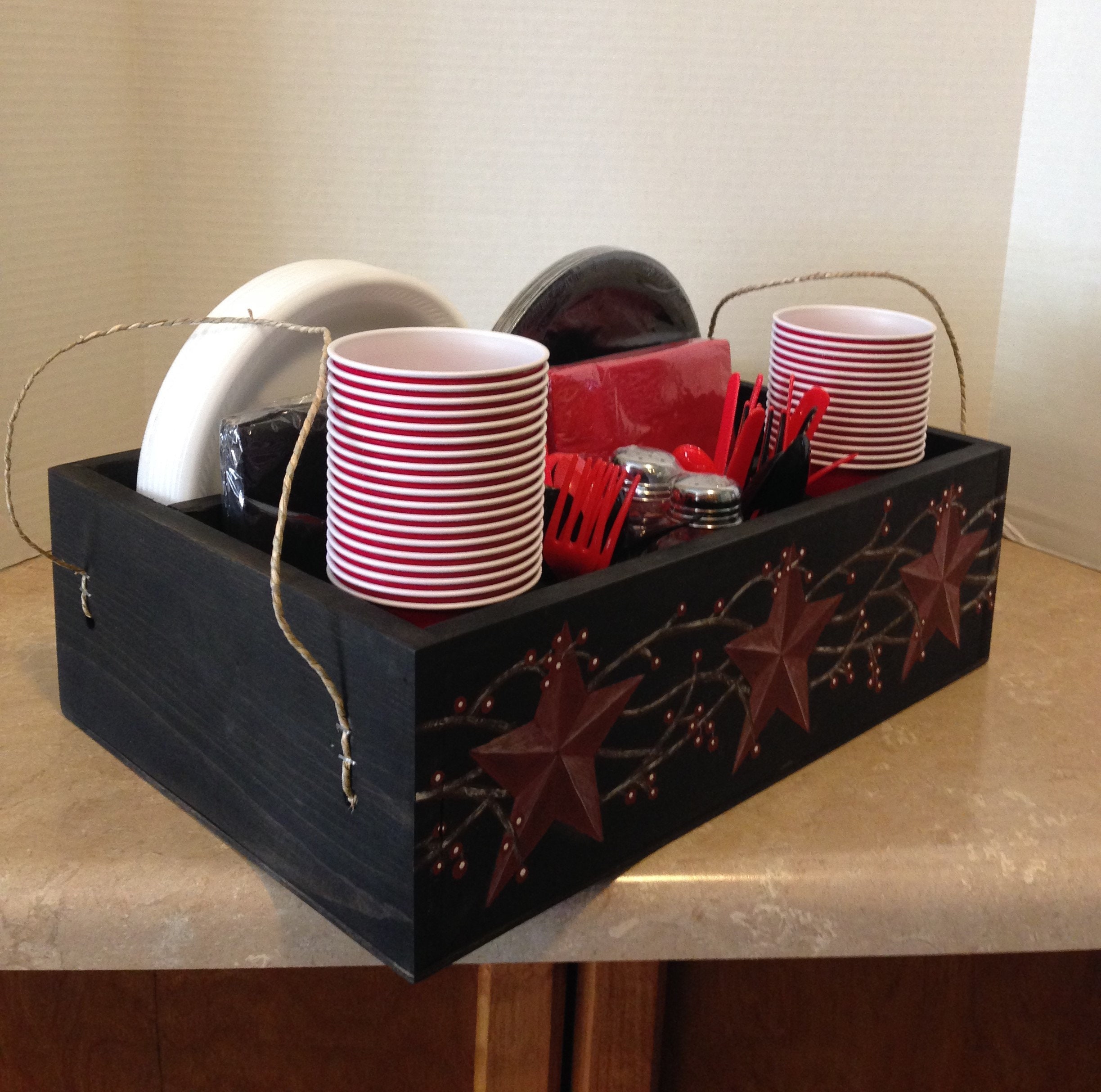 Picnic Caddy, Tableware Caddy, Primitive Decor, Primitive Country