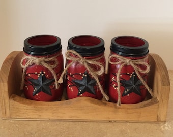 mason jar kitchen utensil holders,mason jar decor,black primitive star decor,primitive kitchen,star and berry vine decor,christmas gift