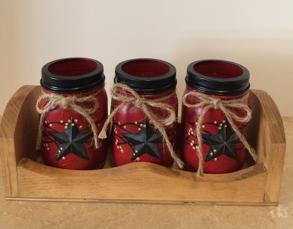 mason jar kitchen utensil holders,mason jar decor,black primitive star decor,primitive kitchen,star and berry vine decor,christmas gift