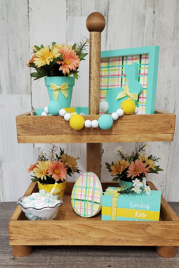 Easter Tiered Tray, Tray included, Tiered Tray decor, Spring Decor, Easter Bunny decor, Easter Centerpiece, Hop to it, Green and Yellow