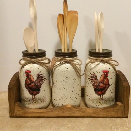 Rustic Farmhouse Counter Bin Drawer Storagge Rooster Hen Chicken Red Primitive 