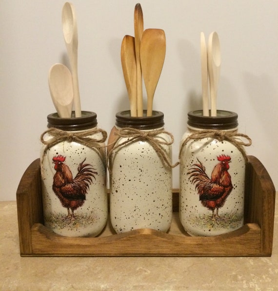 Kitchen Utensil Holder,Rooster Decor,Country Decor,Farmhouse decor,Rooster Kitchen,Mason Jar Decor,Decoupaged Jars,housewarming gift