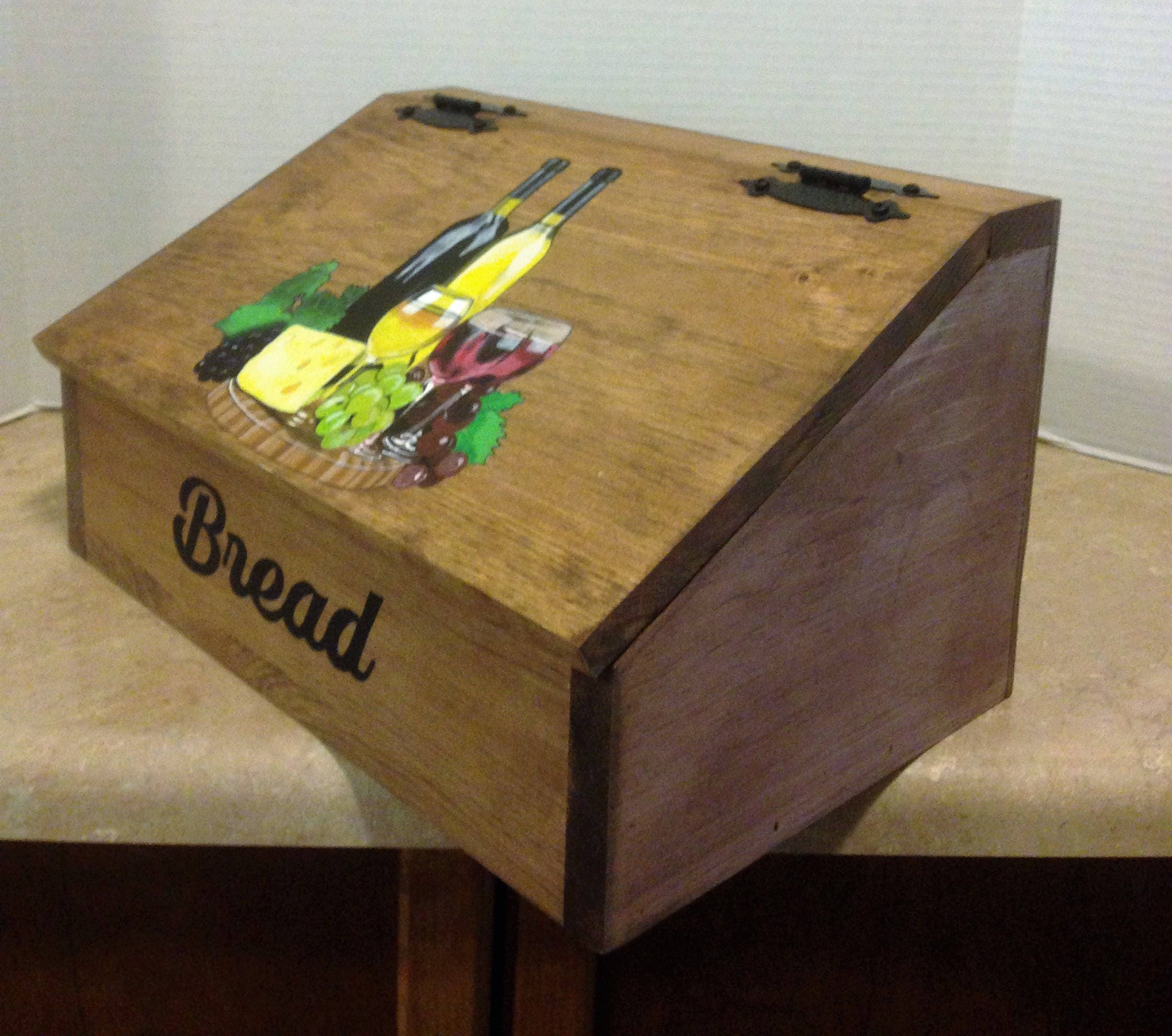 Bread Box, Wooden Bread Box, Hand Painted, Kitchen Bread Box, Wine