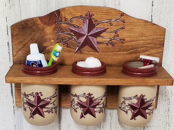 Mason Jar Wall Decor, Primitive star Decor, Bathroom mason jars, Toothbrush toothpaste holder, Bathroom toiletries, mothers day gift