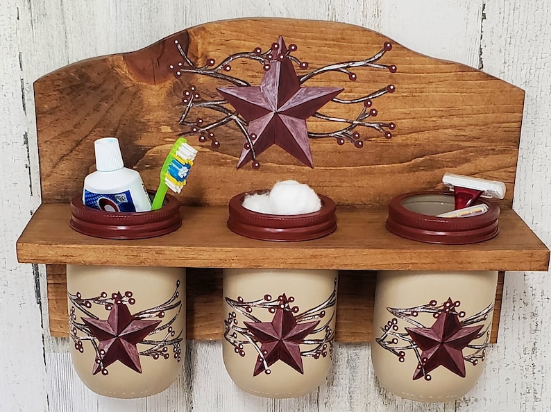 Primitive Toothpaste Mason Jar Wall Decor, Primitive Star Decor, Bathroom Mason Jars ...