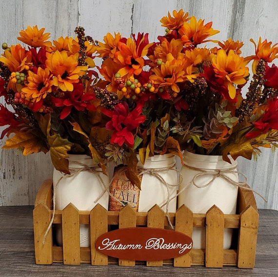 Fall Centerpiece,Autumn Centerpiece,Fall Florals,Table Centerpiece,Hand Painted Mason Jars,Autumn Flowers,Fall Decor,Autumn Decor