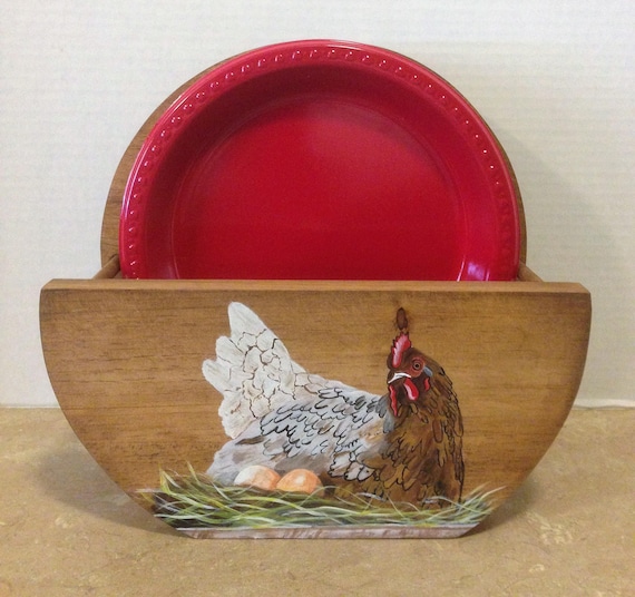 Paper Plate Holder, Chicken Decor, Wooden Dish Holder, Utensil Paper Goods, Hand Painted Chicken, Gift for mom, Handmade Plate organizer,