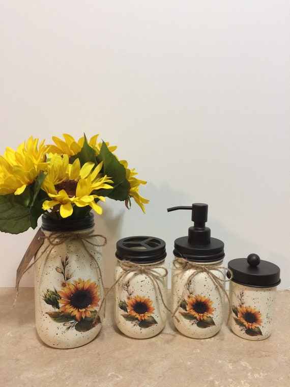 Mason Jar Bathroom/Desk set,Decoupaged Jars,Sunflower Decor, Country Decor,Farmhouse Decor,mothers day,Sunflower Bathroom,Painted mason jar