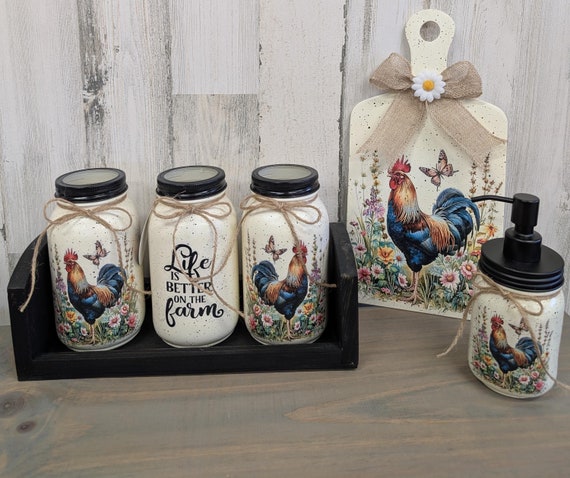 Rooster kitchen utensil holders, soap dispenser, decorative rooster cutting board, Farmhouse decor, mason jar decor, country rooster decor