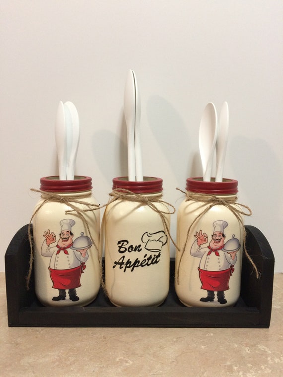 Mason Jar Utensil holder,Chef Decor,Chef Kitchen,decoupage jars,hand painted jars,Christmas gift,housewarming gift,gift for her.