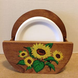 Paper Plate Holder, Wooden Plate Holder, Holder for Plates, Sunflower Decor, Sunflowers, Sunflower Kitchen, Country Decor, Hand painted