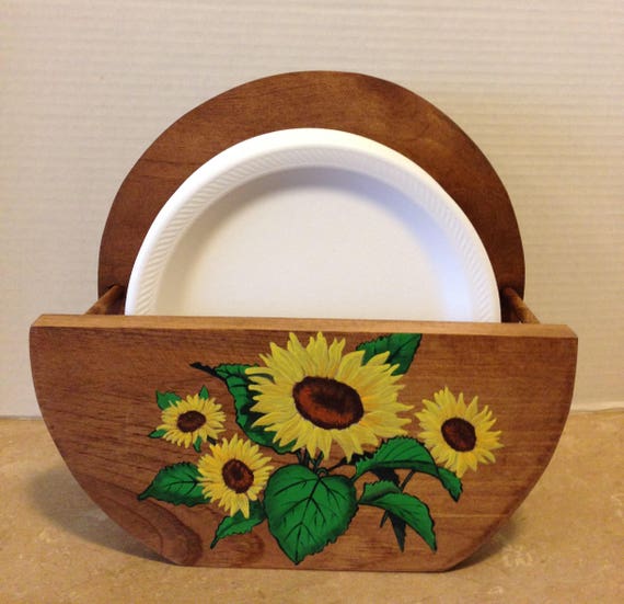 Paper Plate Holder, Wooden Plate Holder, Holder for Plates, Sunflower Decor, Sunflowers, Sunflower Kitchen, Country Decor, Hand painted