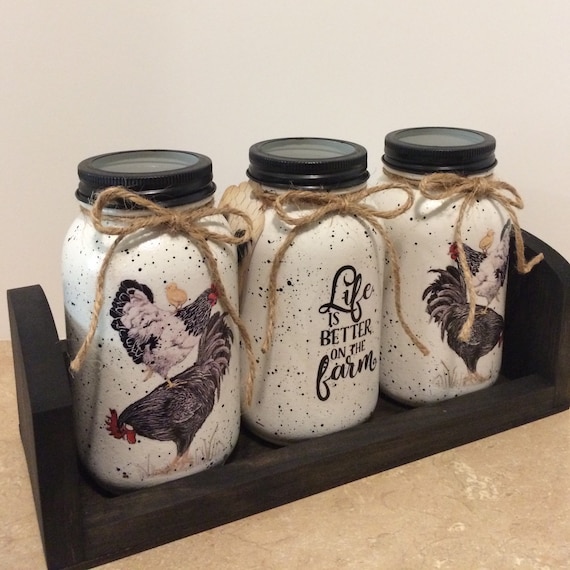 Mason Jar Utensil Holders,Mason Jar Decor,Decoupaged Jars,Chicken Decor,Chicken Kitchen,Country Decor,Farmhouse Decor,Christmas Gift