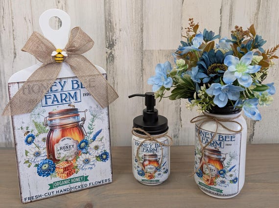 Kitchen soap dispenser, honeybee decor, flower vase, decorative cutting board, kitchen decor, gift for mom, farmhouse decor, Mothers day