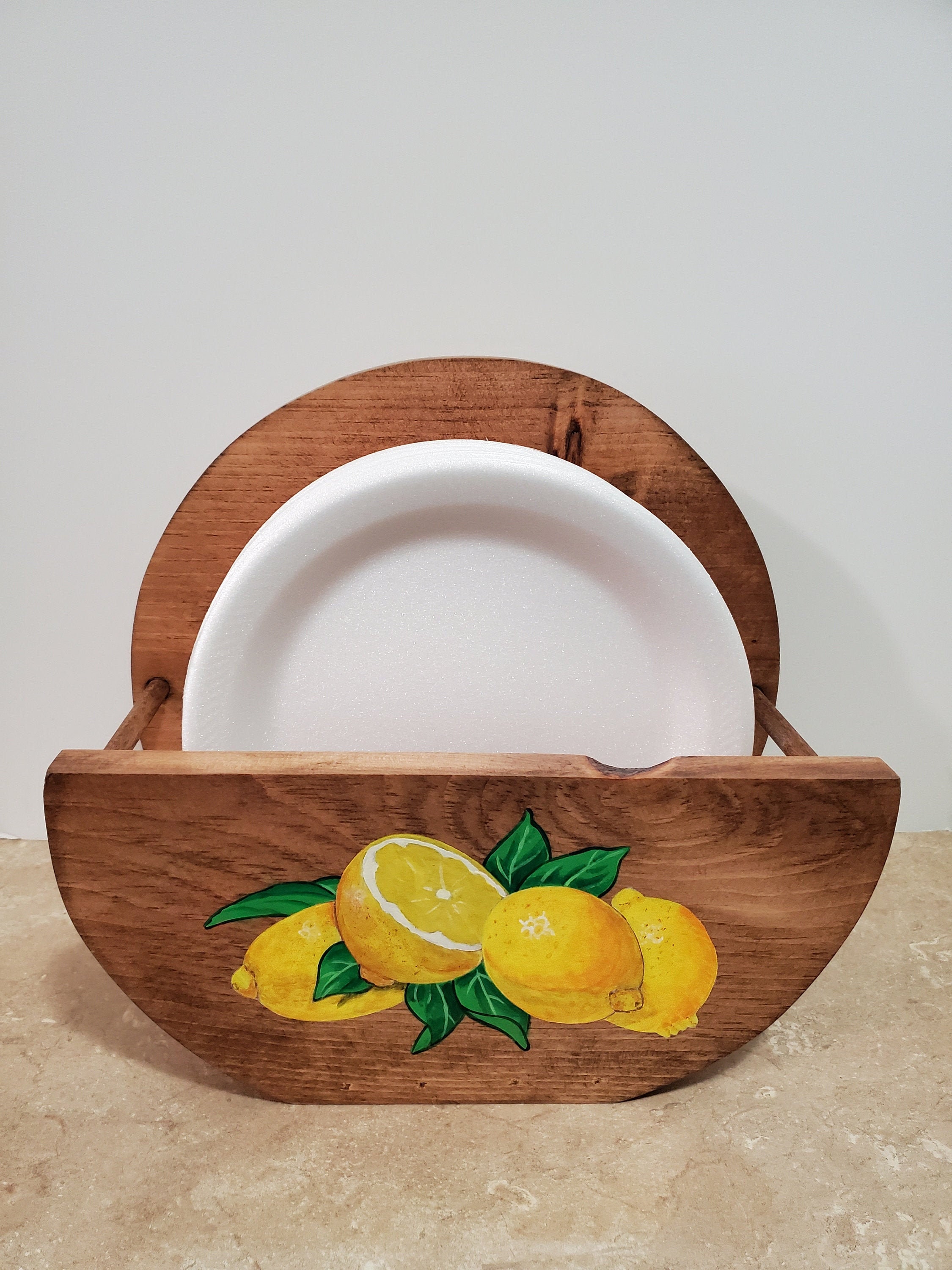 Paper Plate Holder,Wooden plate holder,Lemon Kitchen Decor,Hand painted  lemons,Country Decor,Housewarming gift,yellow lemon decor