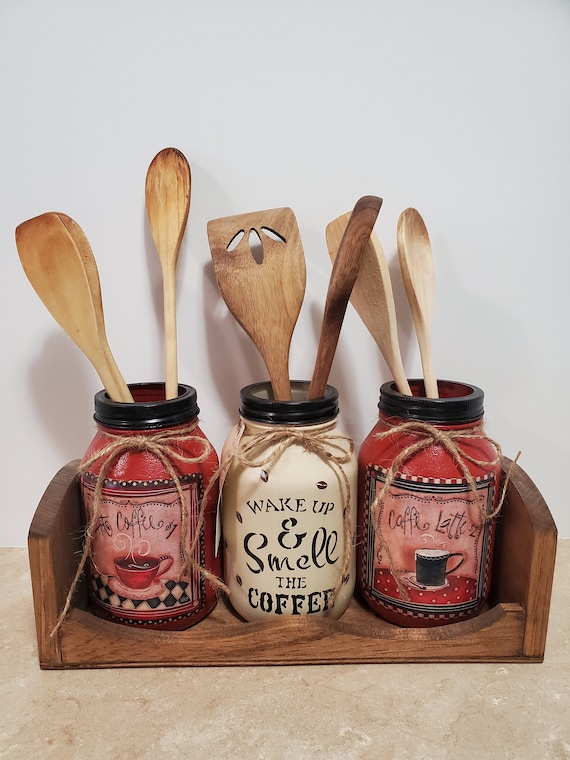 Coffee Decor Utensil Holders,Mason Jar Decor,Coffee Kitchen,Decoupaged Jars,Country Kitchen,Handmade CoffeeGift,Gift for her,Bistro Decor