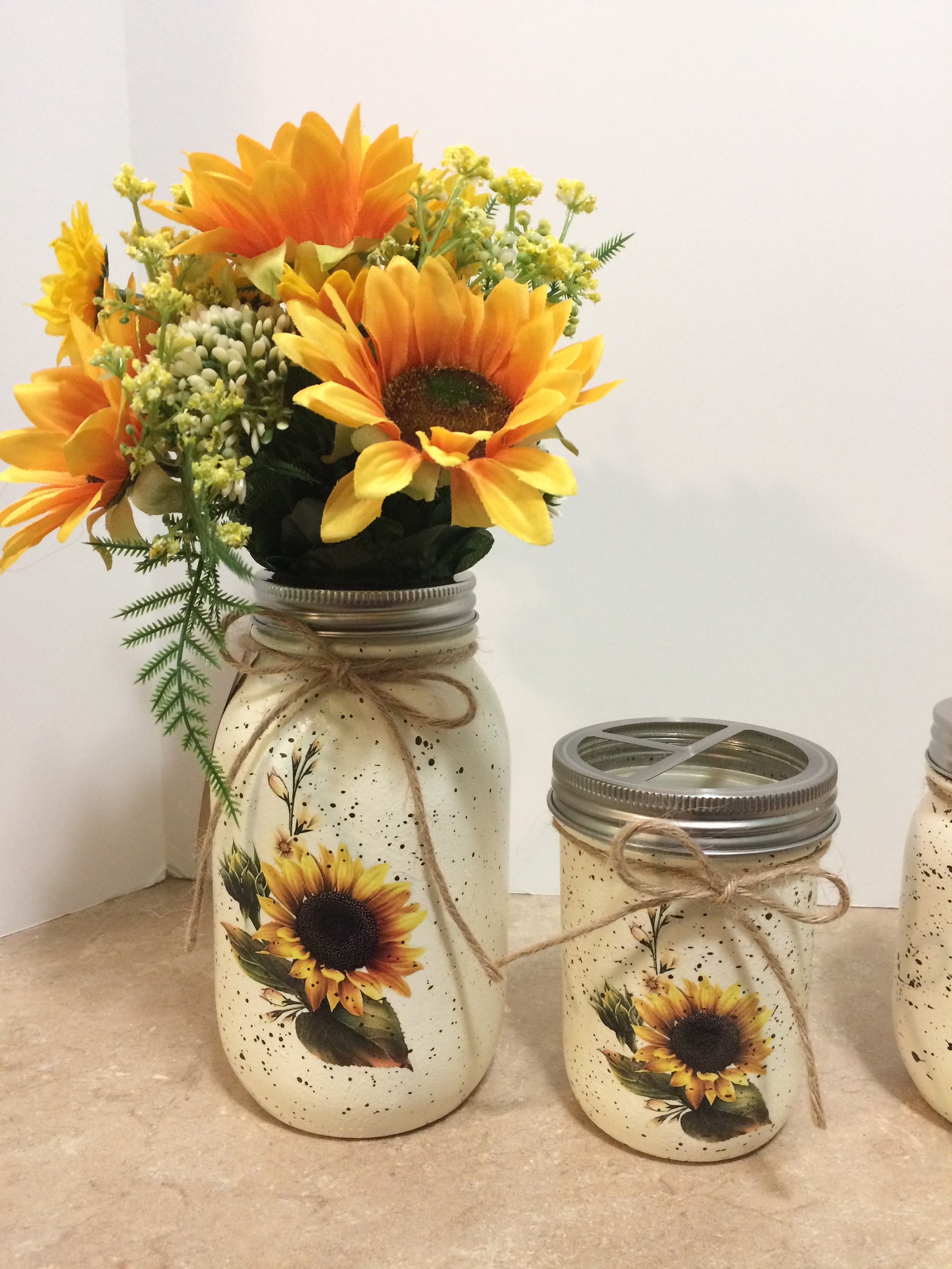 Mason Jar Bathroom set,Mason Jar Desk set,Sunflower Decor,Sunflower