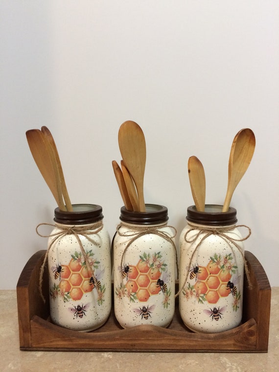 Kitchen Utensil Holders,Honey Bee Decor,Honey Bee Kitchen,Country Decor,Decoupaged Mason Jars,Farmhouse Decor,Honey Bee Jars,House warming