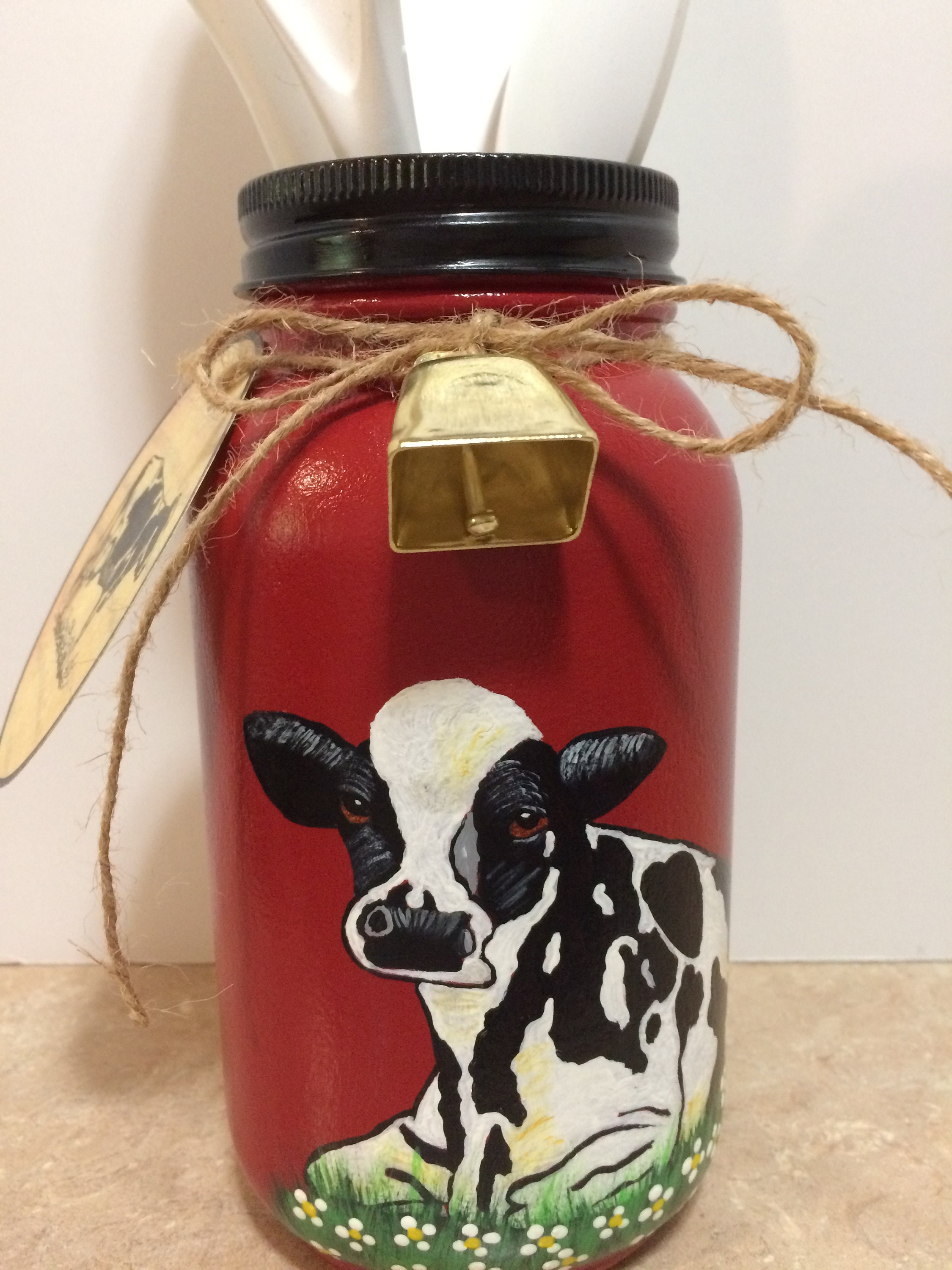 Kitchen Utensil Holder Cow Decor Mason Jar Decor Country Decor Gift for 