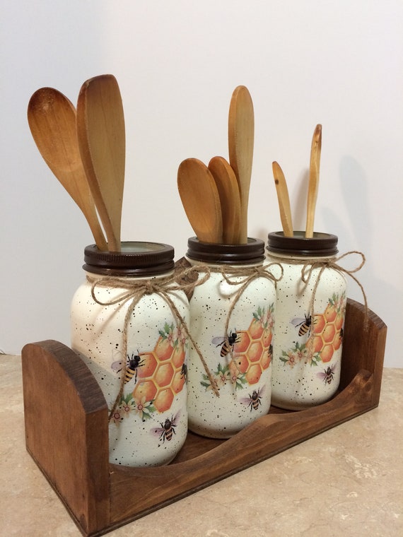 Burnt Brown Wood and Chicken Wire Utensil Holder, Flatware Serving Rack with 3 White Mason Jars