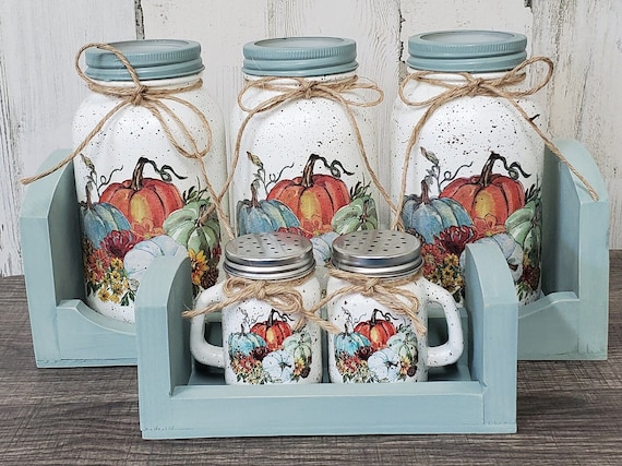 mason jar utensil holders with salt and pepper shakers, farmhouse decor, fall decor, pumpkin decor, housewarming gift, mothers day,