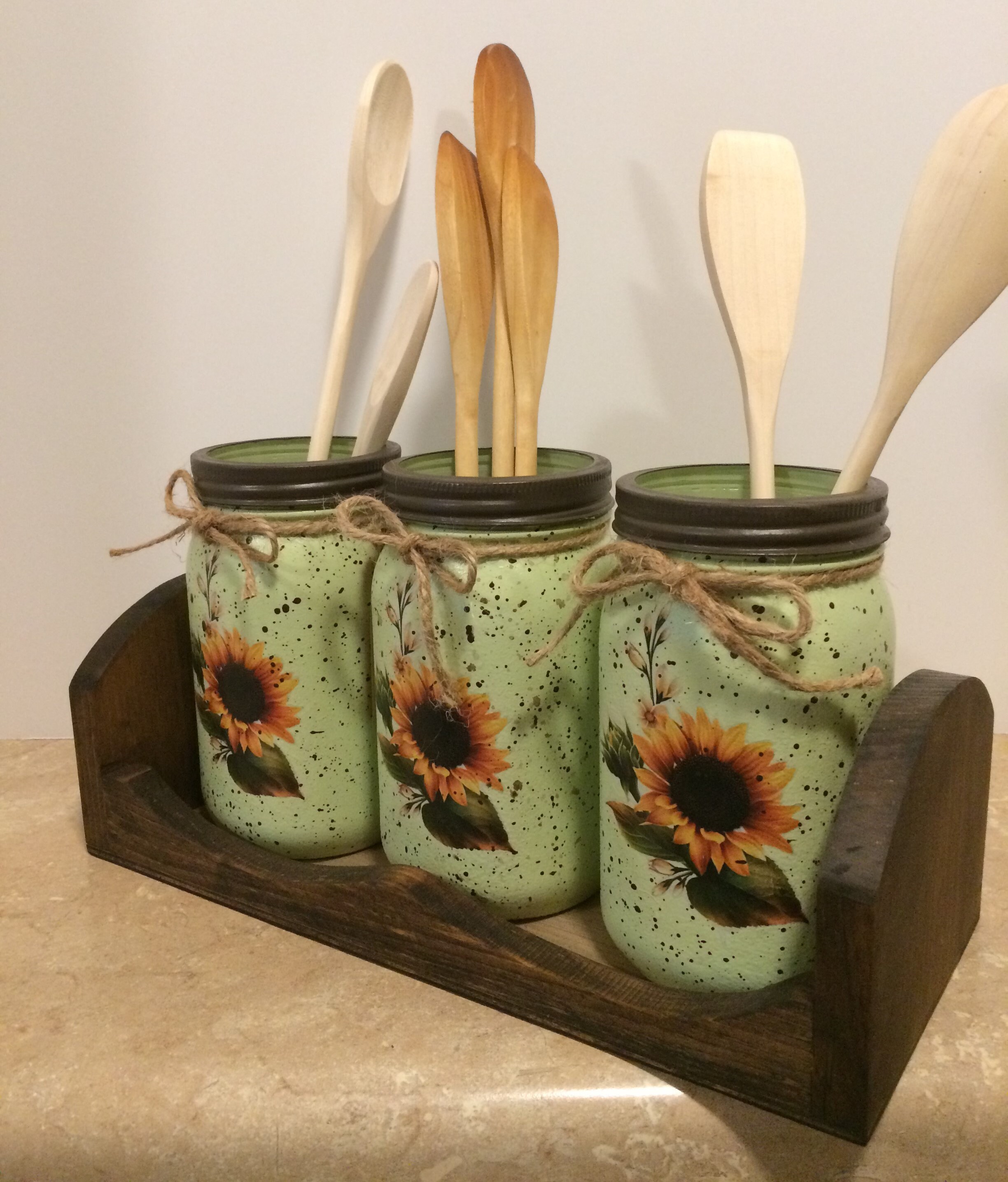 Kitchen Utensil Holder,Mason Jar Decor,Decoupaged Jars,Sunflower Decor