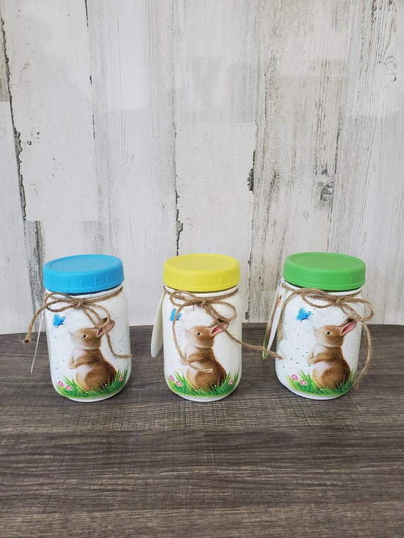 Easter Treat Jars,set of 3 jars,Easter basket stuffers,Childs Easter gift, Gift for coworker,Easter Candy Jars,Bunny Rabbit decoupaged jars