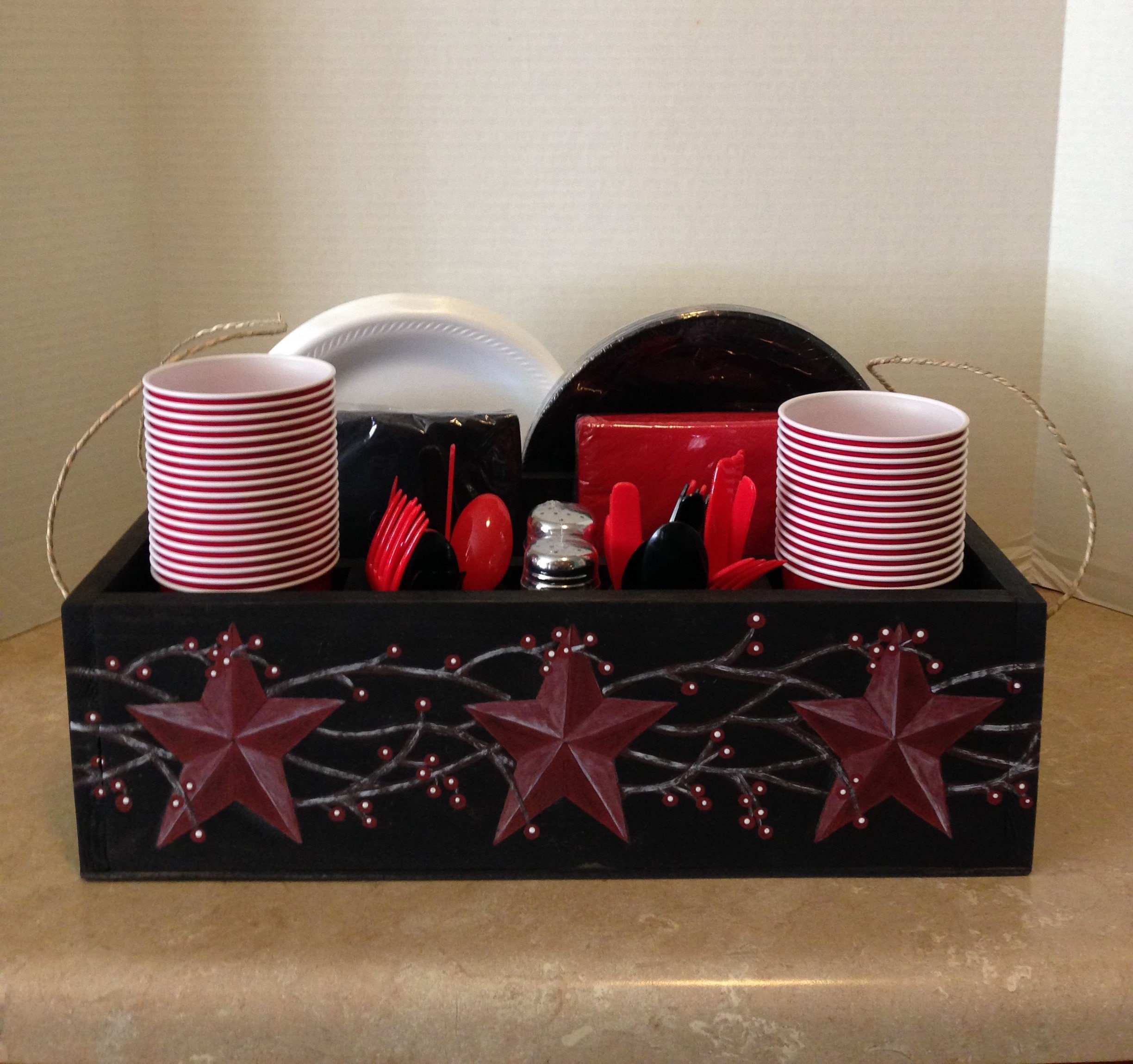 Picnic Caddy, Tableware Caddy, Primitive Decor, Primitive Country