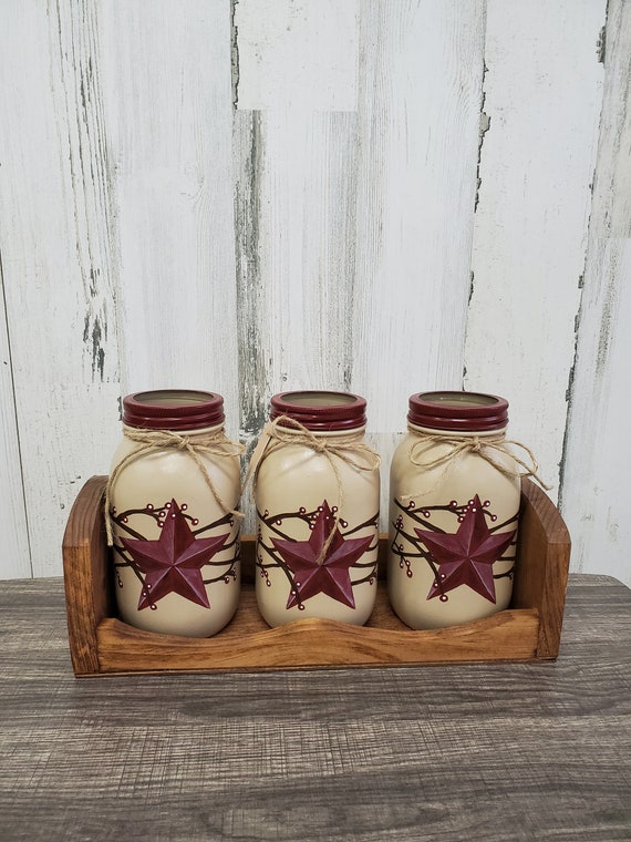 Mason jar utensil holders, primitive decor,kitchen decor,primitive kitchen,mothers day gift,primitive stars,gift for her,farmhouse decor