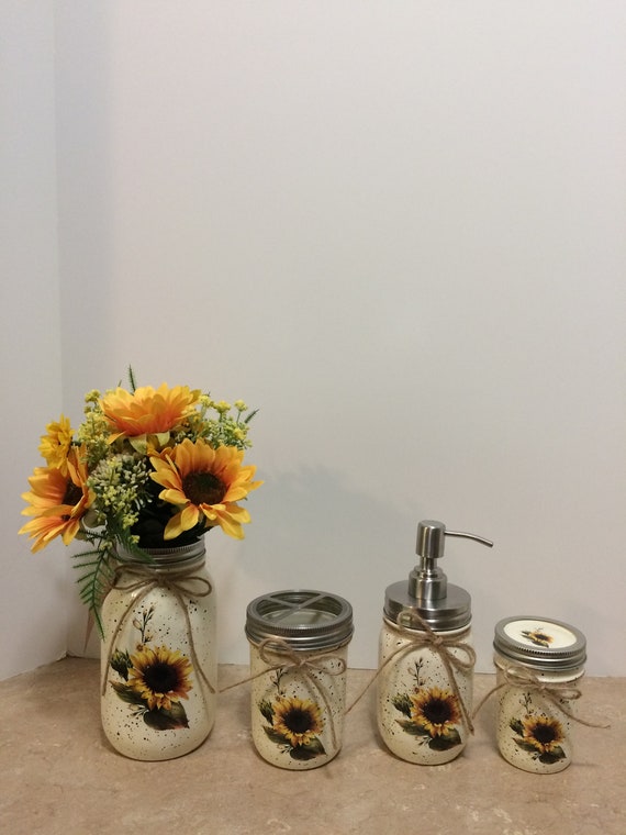 Mason Jar Bathroom set,Mason Jar Desk set,Sunflower Decor,Sunflower Bathroom Decor,Decoupaged Jars,Mason Jar Bathroom Decor,Teachers gift