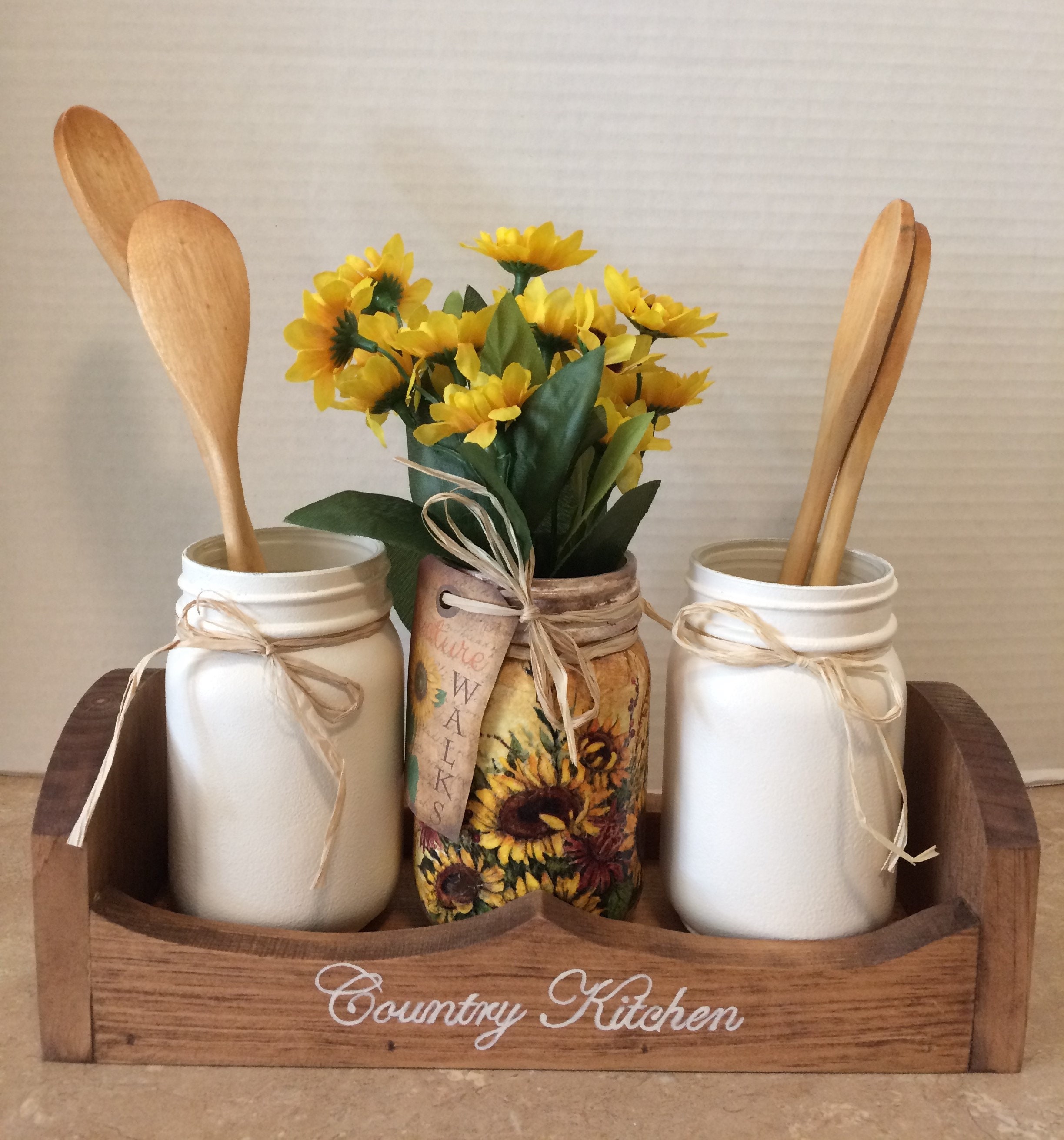 Farmhouse Kitchen Decor, Mason Jar Utensil Holder, Fixer Upper Kitchen  Decor, Painted Mason Jar Utensils Jars, Kitchen Decor 