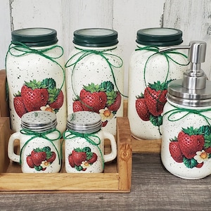 6 piece Strawberry utensil holder, Strawberry salt pepper shakers, Strawberry soap dispenser, Strawberry kitchen set, Kitchen decor