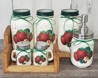 6 piece Strawberry utensil holder, Strawberry salt pepper shakers, Strawberry soap dispenser, Strawberry kitchen set, Kitchen decor