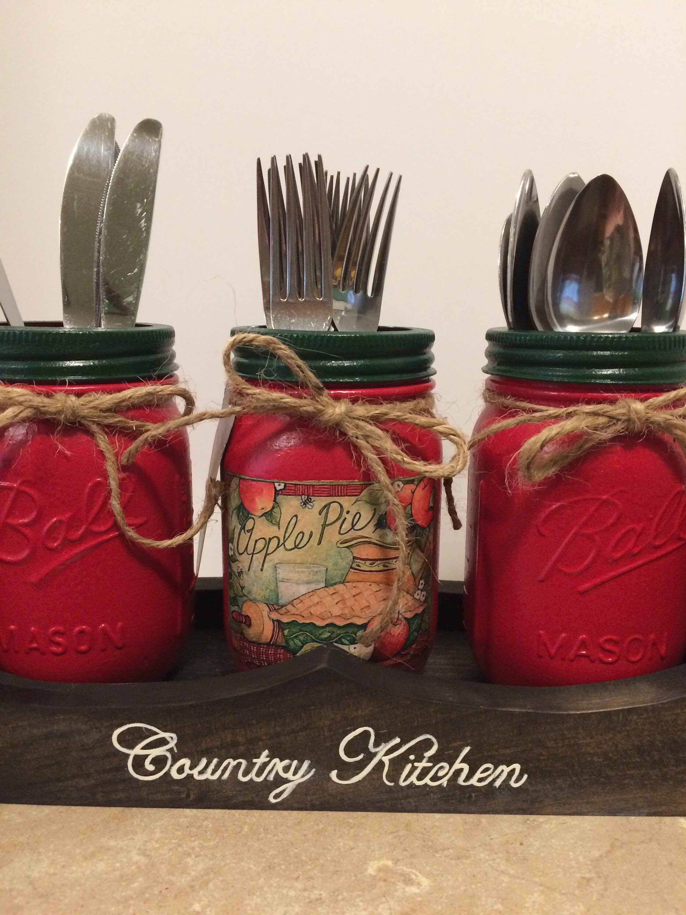 Mason Jar Utensil Holder,Mason Jars Kitchen,Country Decor,Apple