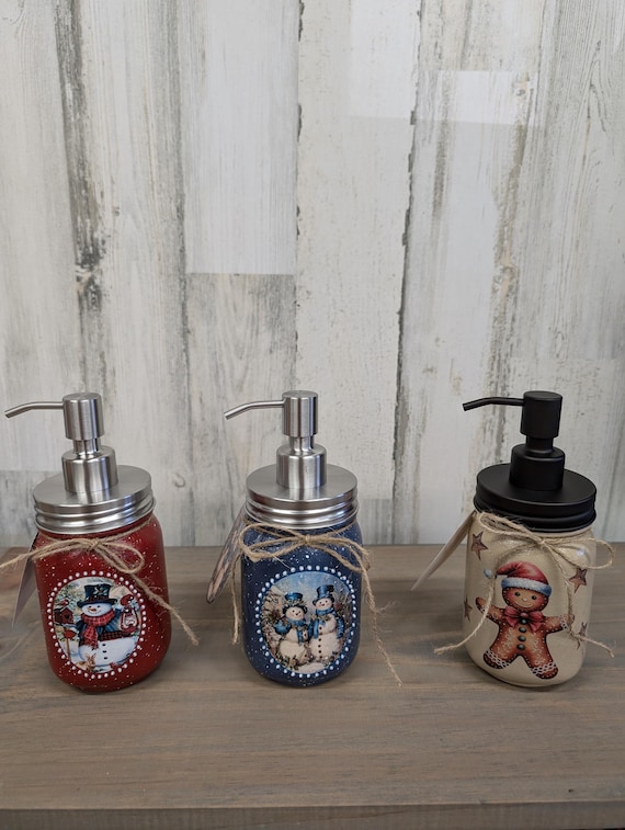 mason jar soap dispenser, Christmas decor, snowman decor, gingerbread man decor, Christmas gift, hand painted mason jars, kitchen decor