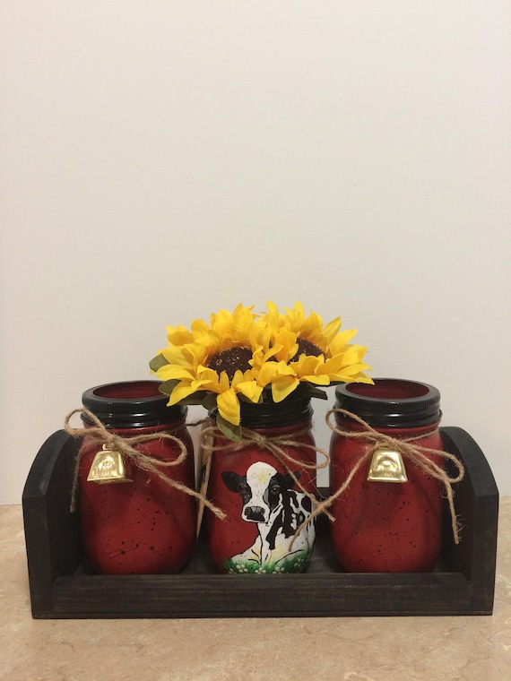 Mason Jar Utensil Holders,Kitchen Utensil Holders,Cow Decor,Cow Kitchen,Country Decor,Farmhouse Decor,Red Kitchen Decor,Sunflower Decor