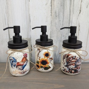 Mason jar soap dispenser,lotion dispenser,sunflower and bee decor,coffee gnome decor,rooster decor,hand painted jars,decoupaged jars,kitchen