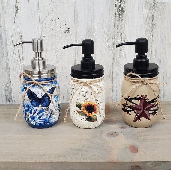 Soap Dispensers, Bathroom Decor, Kitchen Decor, Butterfly Decor, Primitive Decor, Sunflower Decor, Housewarming gift, decoupaged jar