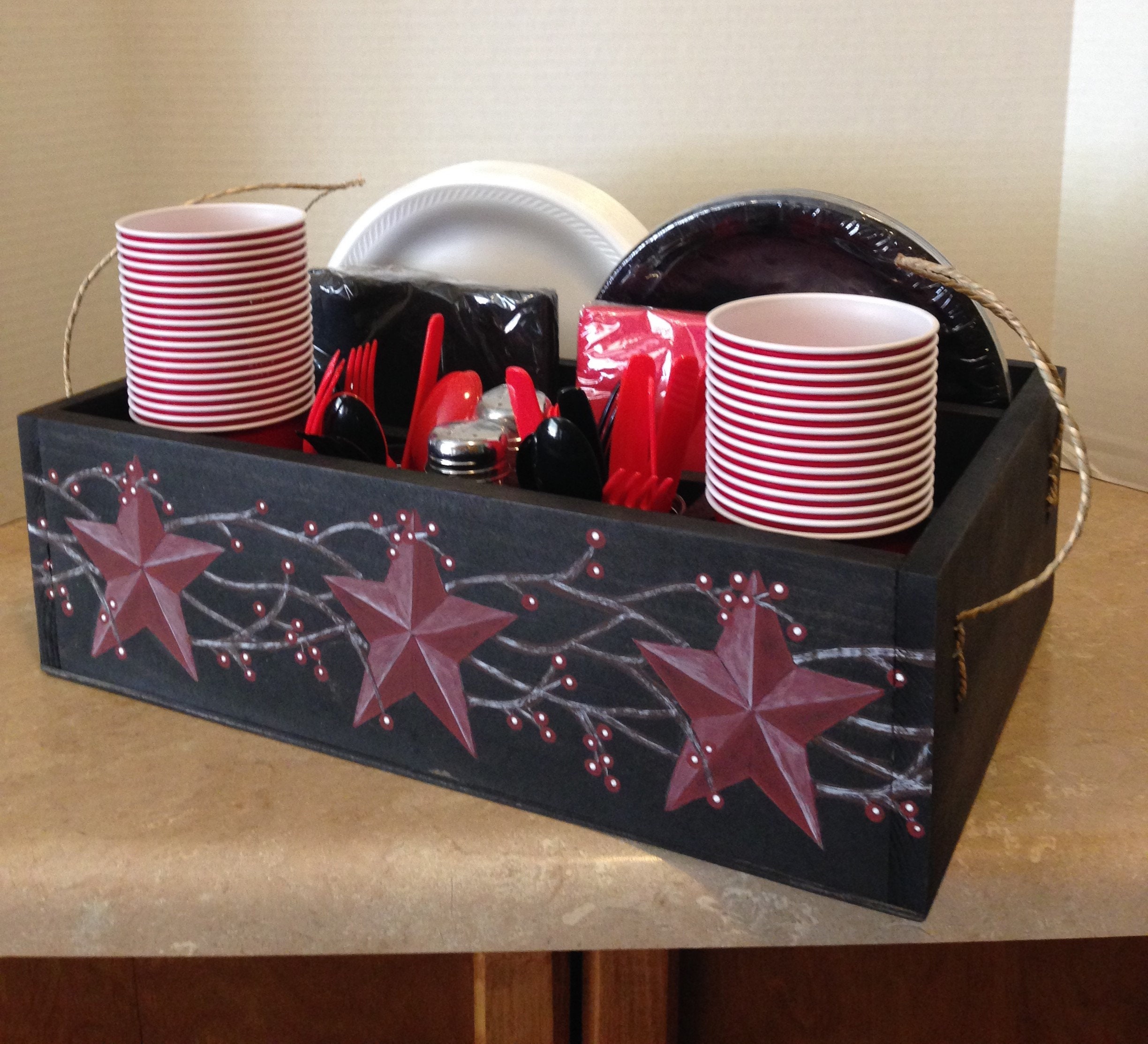 Picnic Caddy, Tableware Caddy, Primitive Decor, Primitive Country