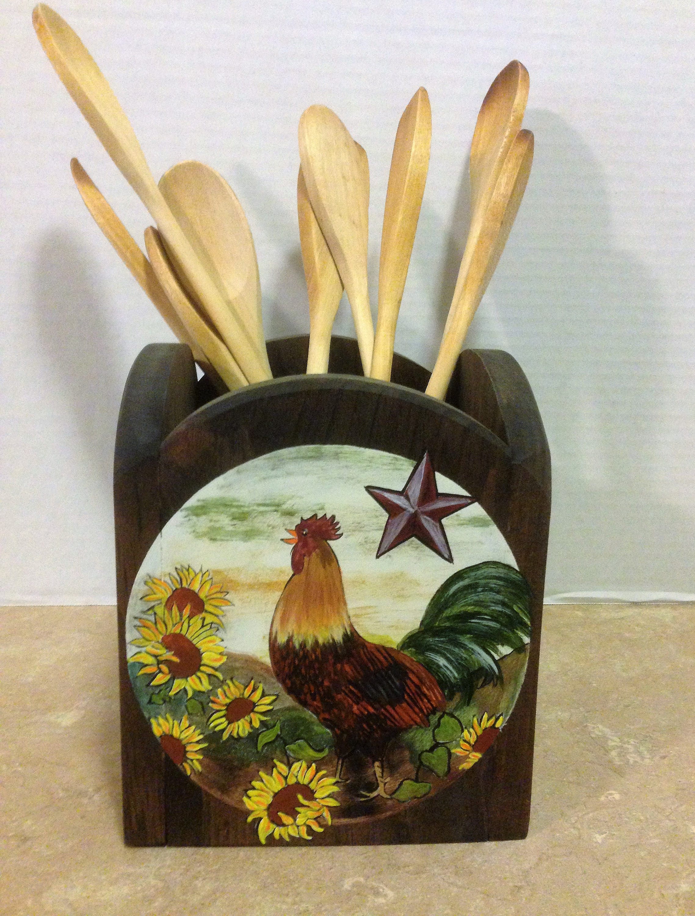 Kitchen Utensil Holder,Utensil Holder, Wood Utensil holder, Rooster