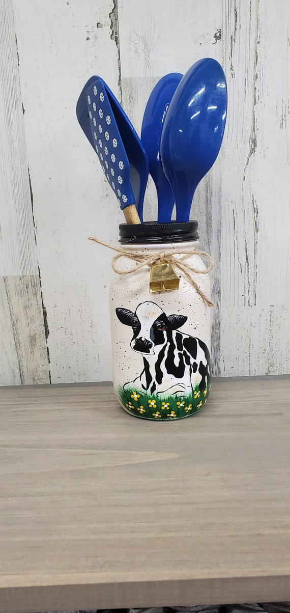 Mason jar utensil holder,cow utensil holder,cow decor,farmhouse decor,kitchen utensil holder,country decor,black and white cow decor