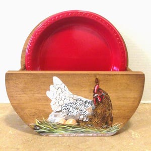 Paper Plate Holder, Chicken Decor, Wooden Dish Holder, Utensil Paper Goods, Hand Painted Chicken, Gift for mom, Handmade Plate organizer,