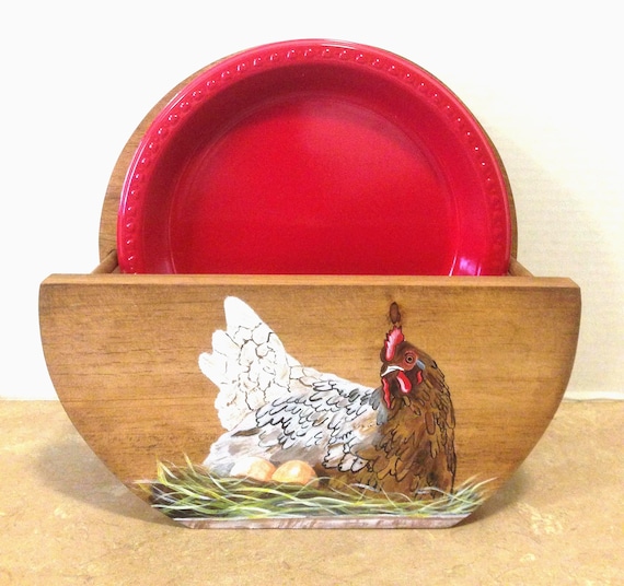 Paper Plate Holder, Chicken Decor, Wooden Dish Holder, Utensil Paper Goods, Hand Painted Chicken, Gift for mom, Handmade Plate organizer,