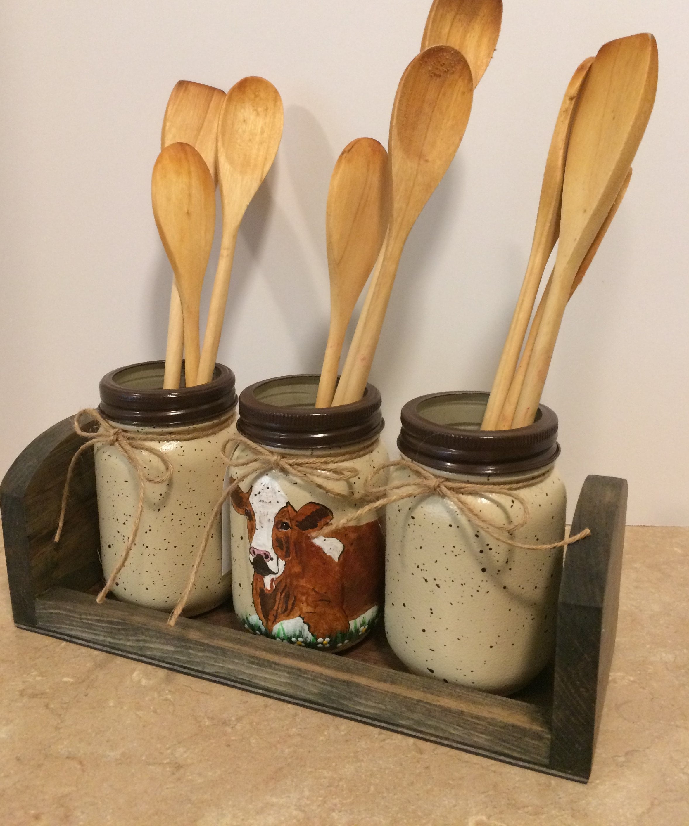 Mason Jar Utensil Holder,Mason Jar Decor,Cow Decor,Country Decor