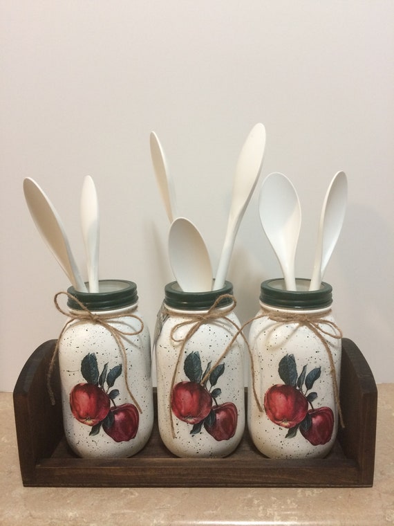 Kitchen Utensil Holder,Apple Decor,Mason Jar Decor,Country Decor,Red Apple Decor,Apple Kitchen,Gift for her,Housewarming Gift,Decoupaged jar