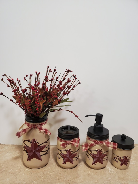 Mason Jar Bathroom,Primitive Star Decor,Farmhouse Decor,Mason Jar Decor,Soap Dispenser,Pip berry decor,Bathroom decor,Hand painted mason jar