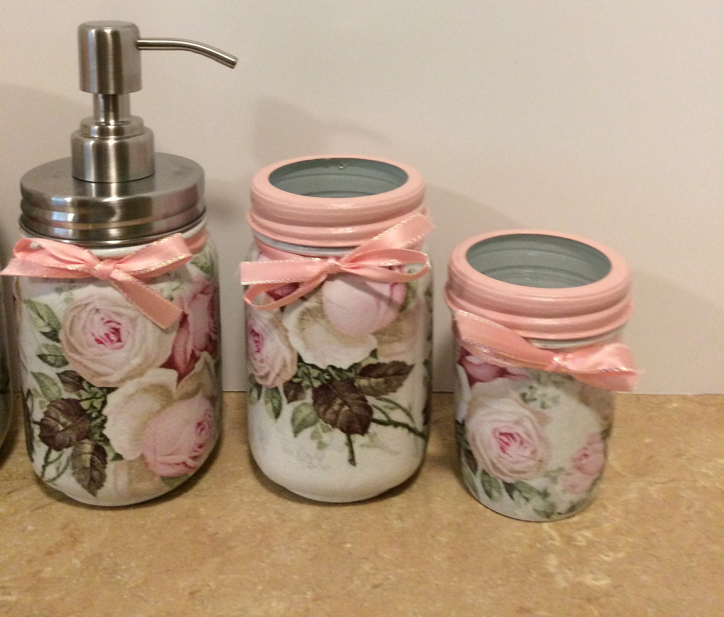 Mason Jar Bathroom set,Mason Jar Decor,Rose Decor,Pink Rose Decor