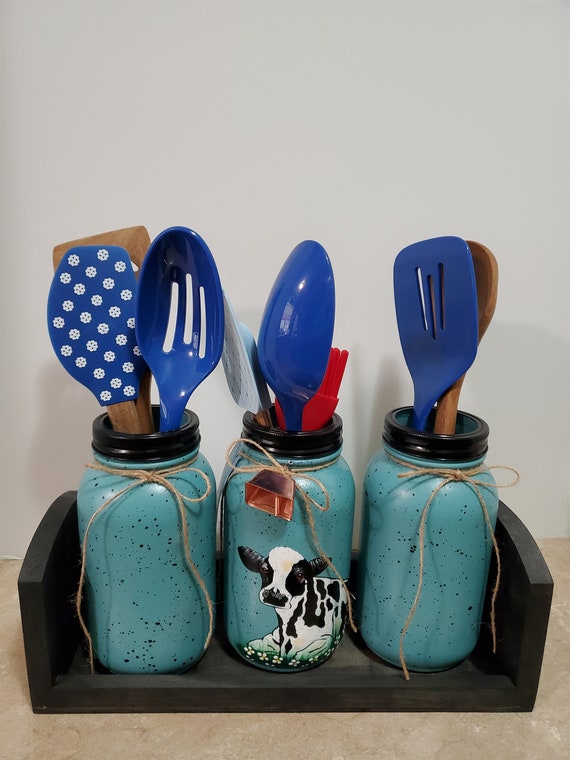 Mason Jar Utensil Holders,Cow Decor,Farmhouse Decor,Kitchen Utensil Holders,Country Decor,Housewarming Gift,Cow Kitchen,Hand painted cow