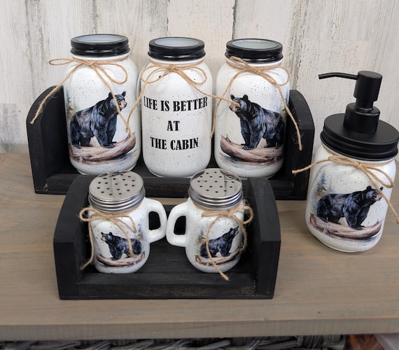 Black Bear Mason Jar Set, Wildlife Cabin Kitchen Decor,