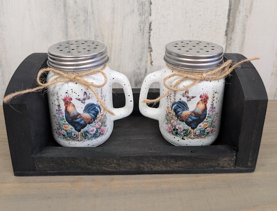 Rooster salt and pepper shakers with wooden holder